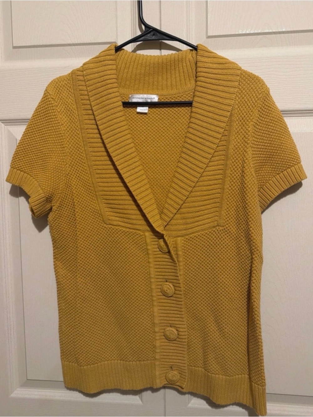 Christopher & Banks Short-Sleeve Shawl Collar Cardigan in Mustard Yellow